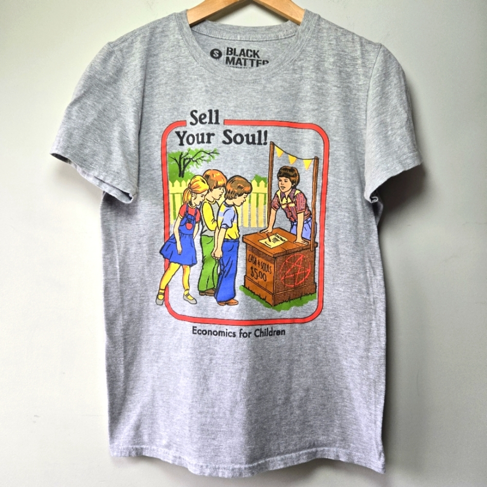 Novelty Tee Black Matter Sell Your Soul Economics For Chuldren Gray Shirt Small
